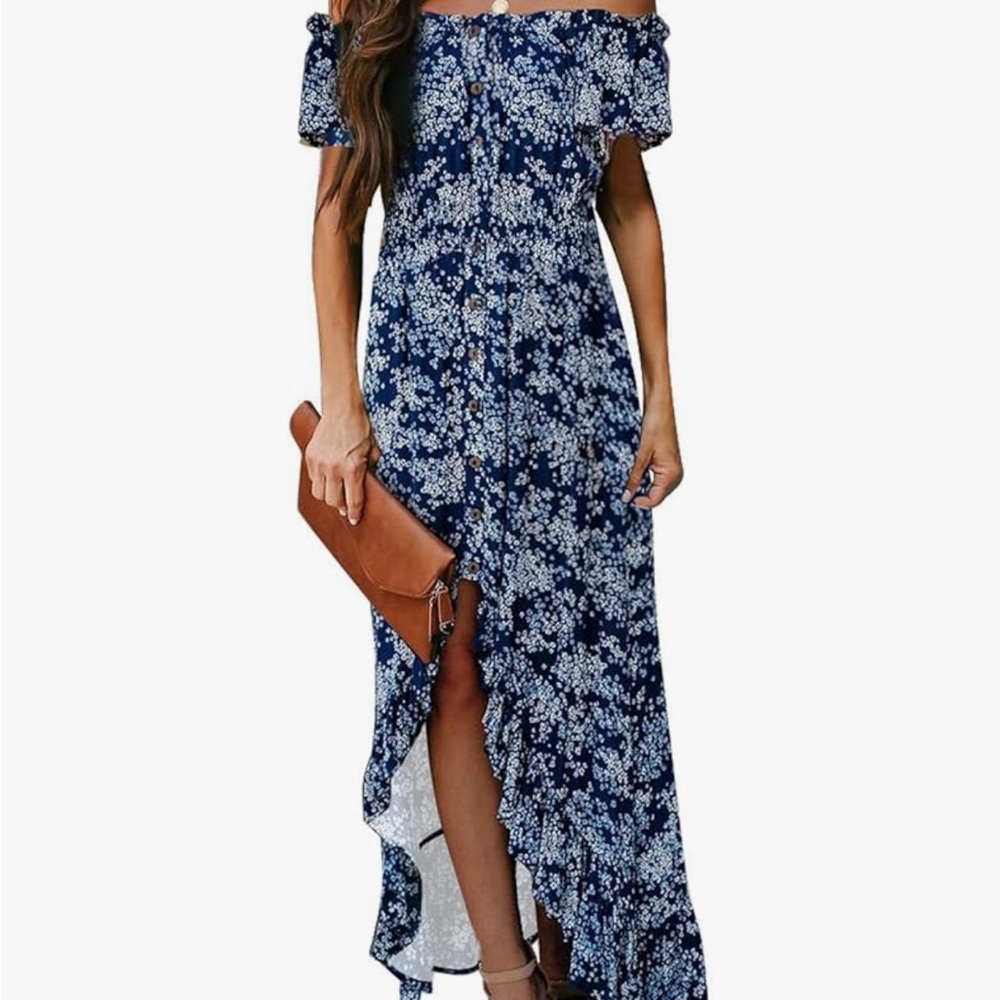 Off-Shoulder Navy Blue Floral Maxi Dress